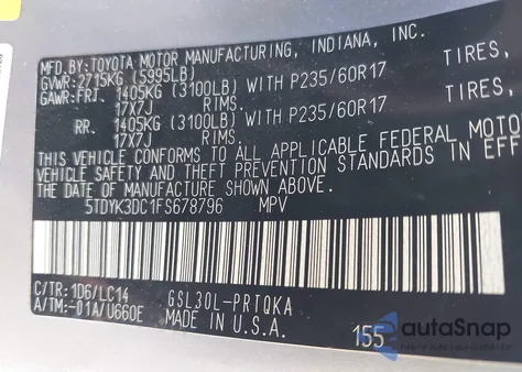 2015 Toyota Sienna Xle Premium 8 Passenger from USA, damaged, VIN 5TDYK3DC1FS678796